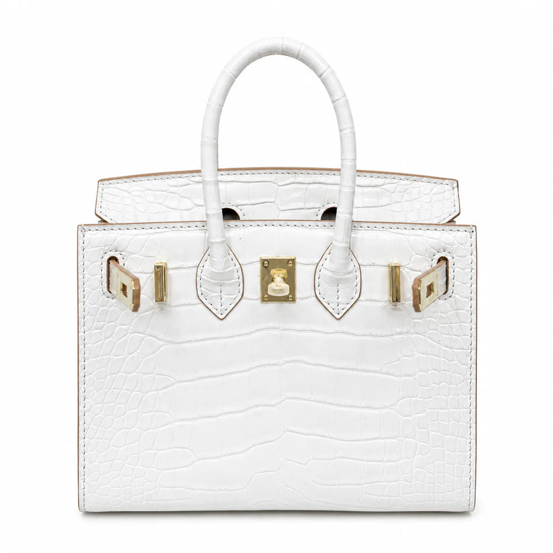 Mini Birkin 20cm Outer Stitching Tote Bag in Pure White Crocodile Pattern
